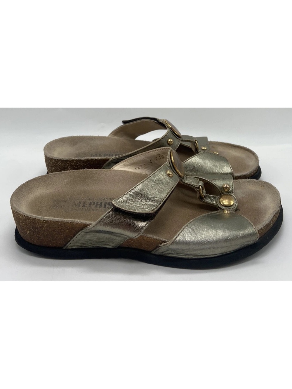 Mephisto Air Relax Met Gold Leather Open Toe Slide Wedge Cork Sandals Size 38